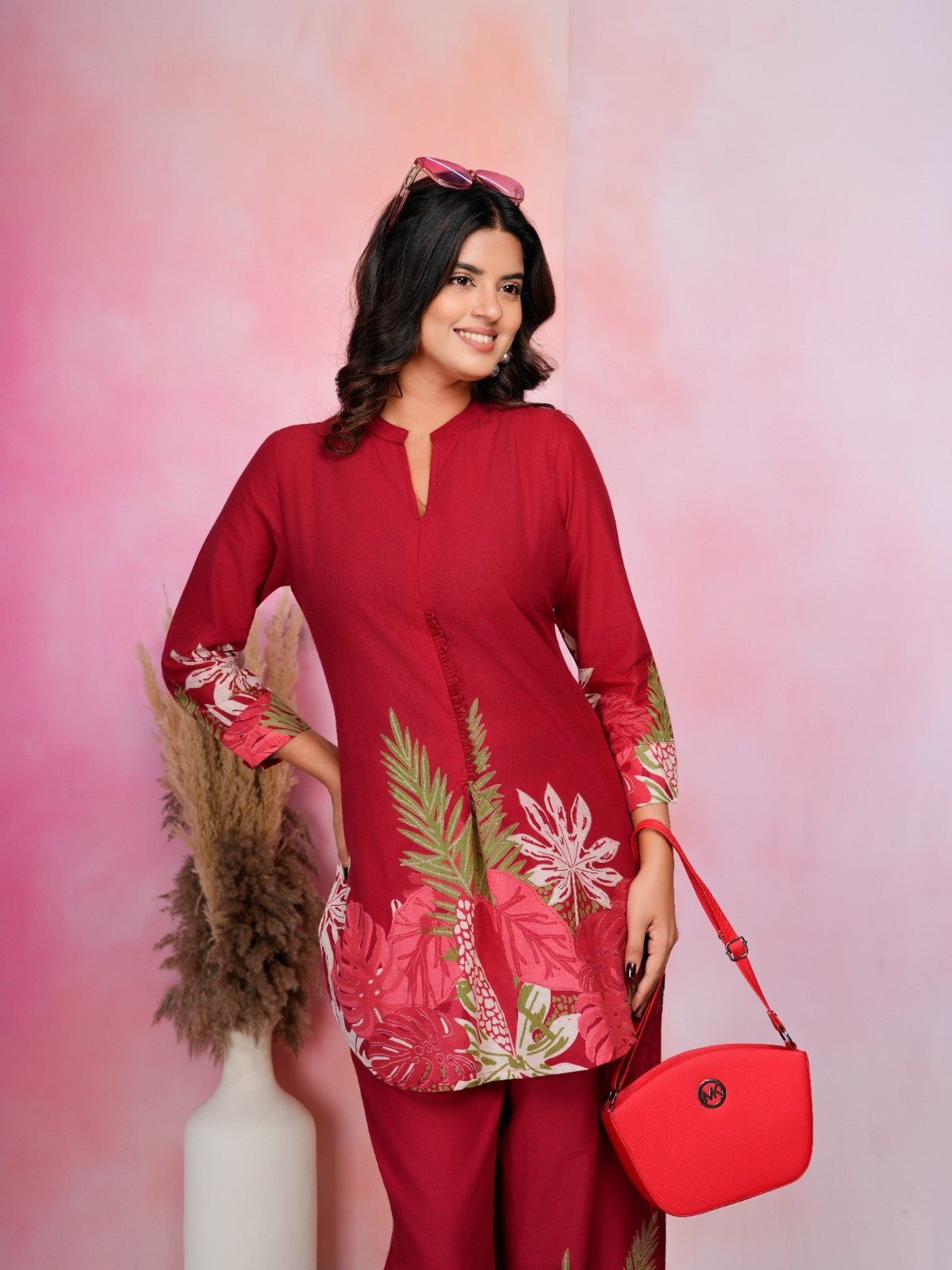 Crimson Tropical Bloom Cotton Co-ord Set with Floral Prints