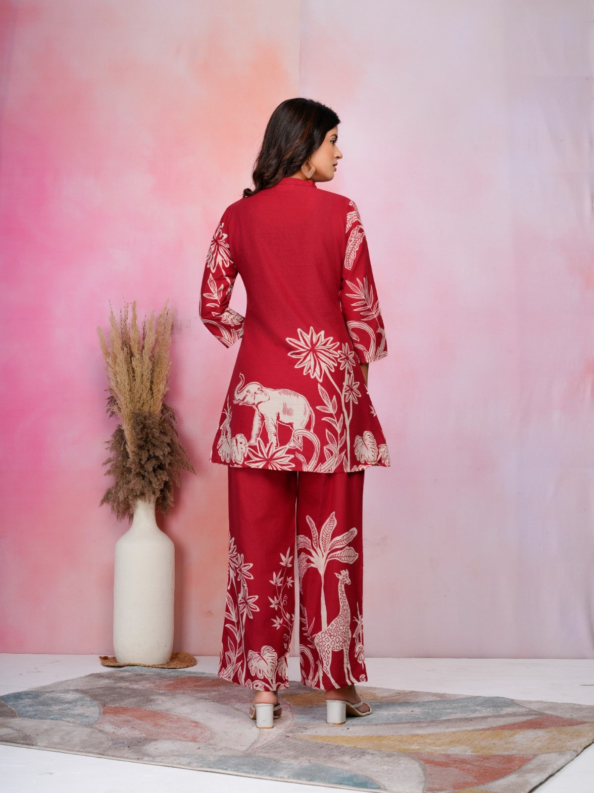 Wild Safari Maroon Cotton Co-ord Set with Animal & Nature Print