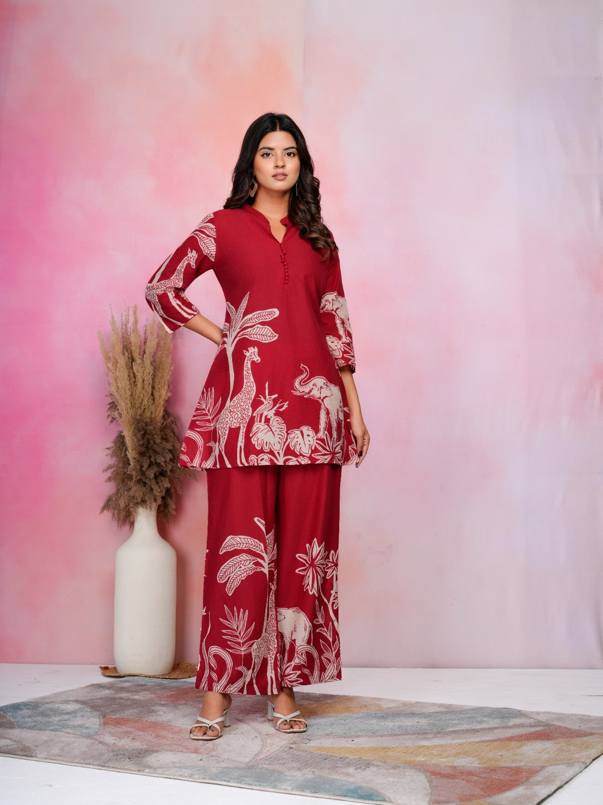 Wild Safari Maroon Cotton Co-ord Set with Animal & Nature Print