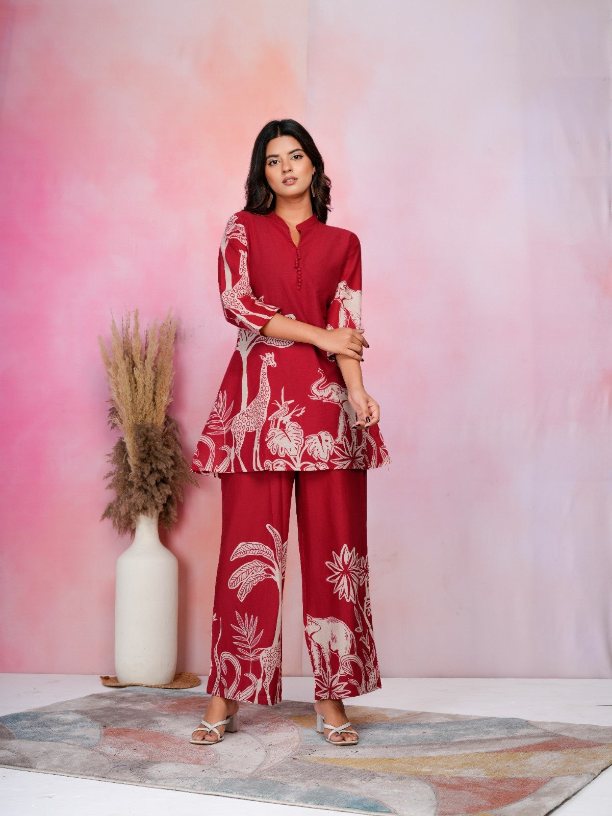 Wild Safari Maroon Cotton Co-ord Set with Animal & Nature Print