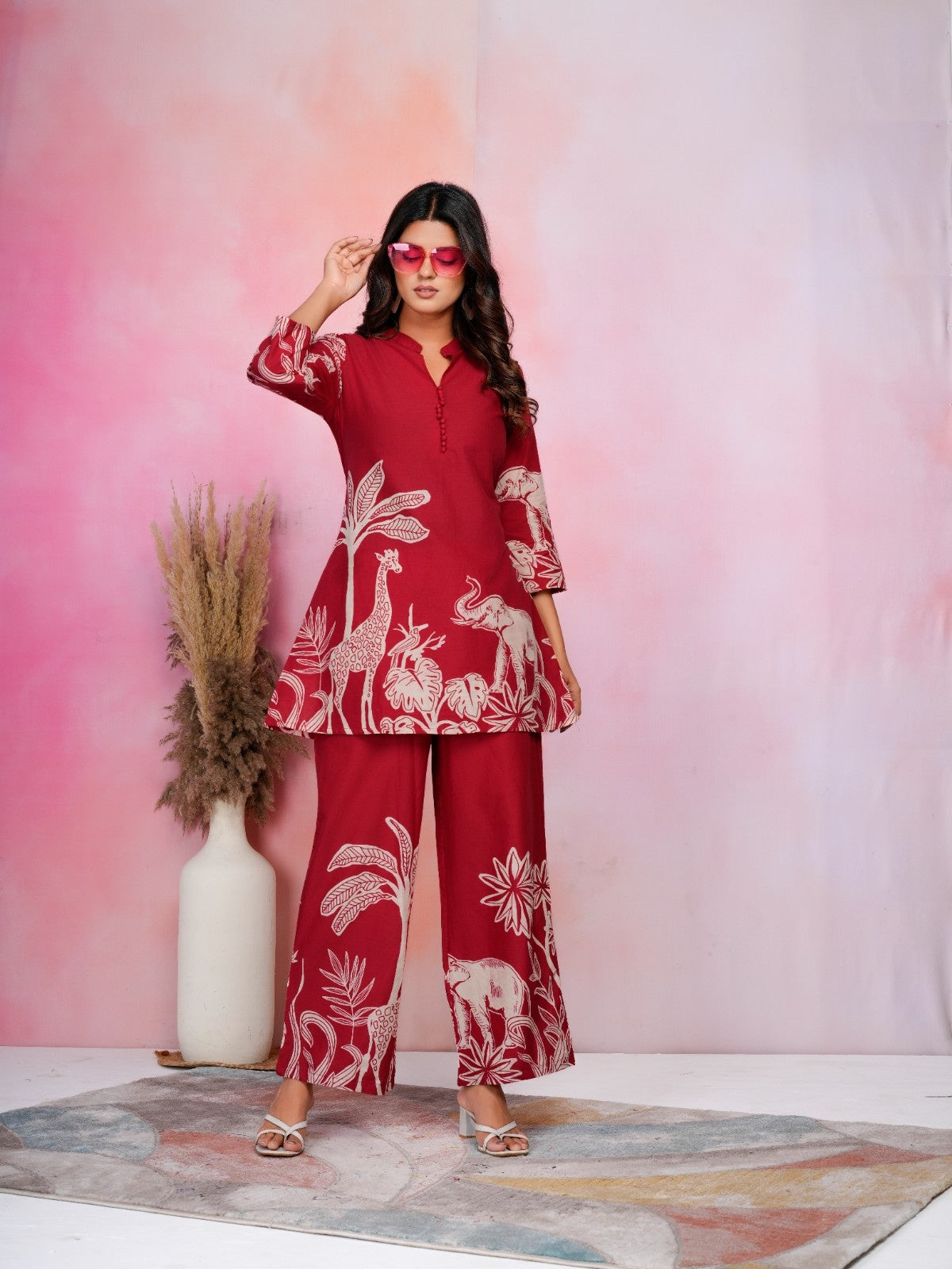 Wild Safari Maroon Cotton Co-ord Set with Animal & Nature Print