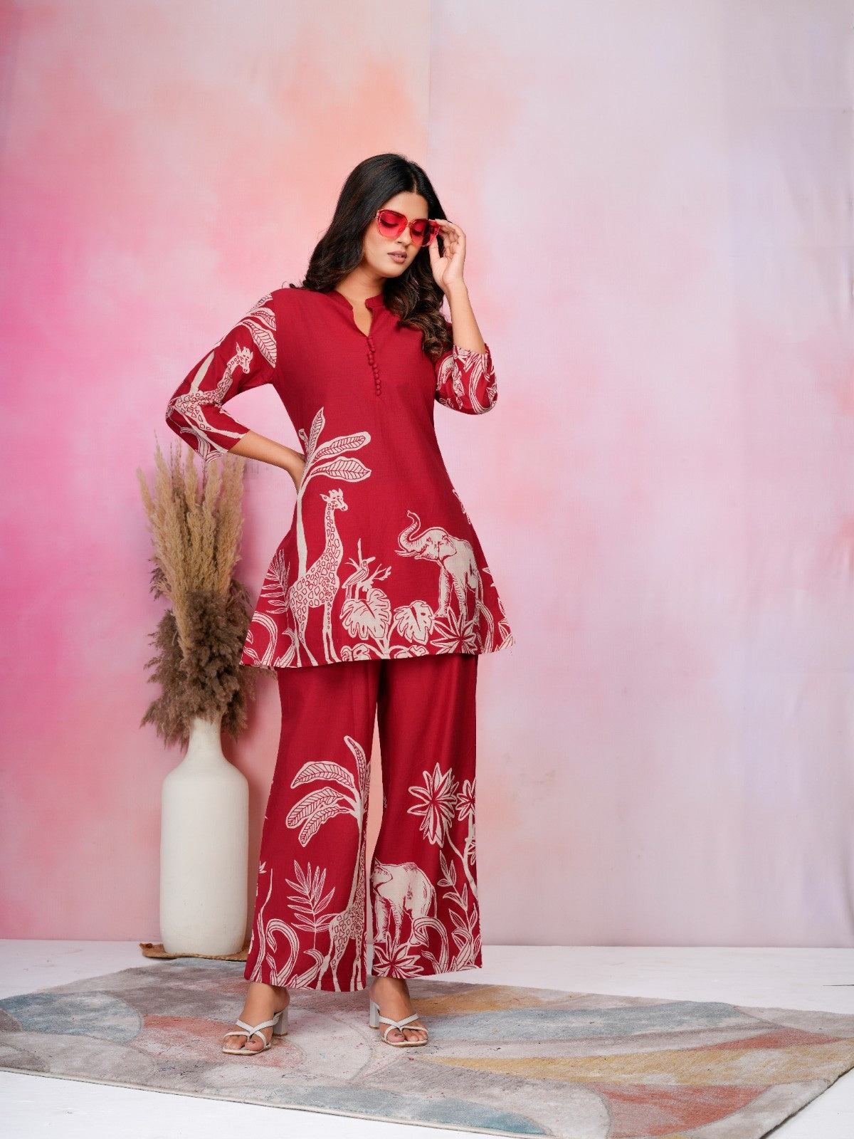Wild Safari Maroon Cotton Co-ord Set with Animal & Nature Print