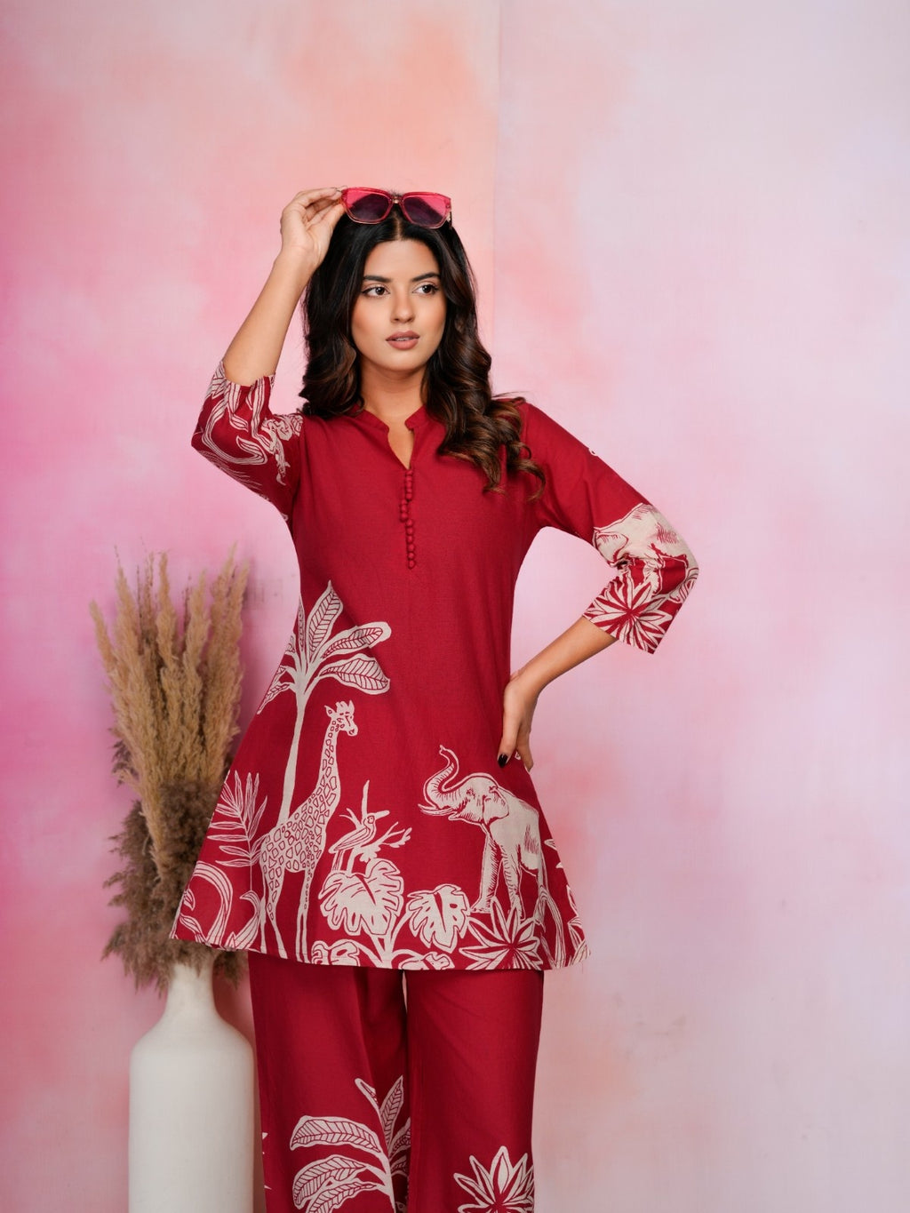 Wild Safari Maroon Cotton Co-ord Set with Animal & Nature Print