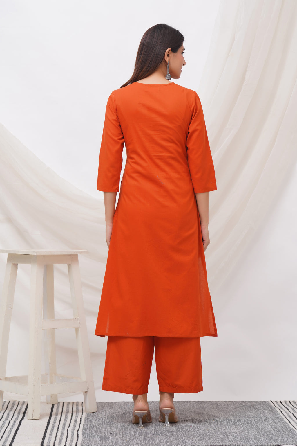 Women Orange Cotton Flex Embroidered Kurta & Pant Set