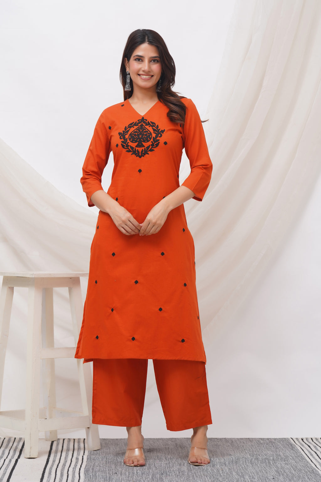 Women Orange Cotton Flex Embroidered Kurta & Pant Set