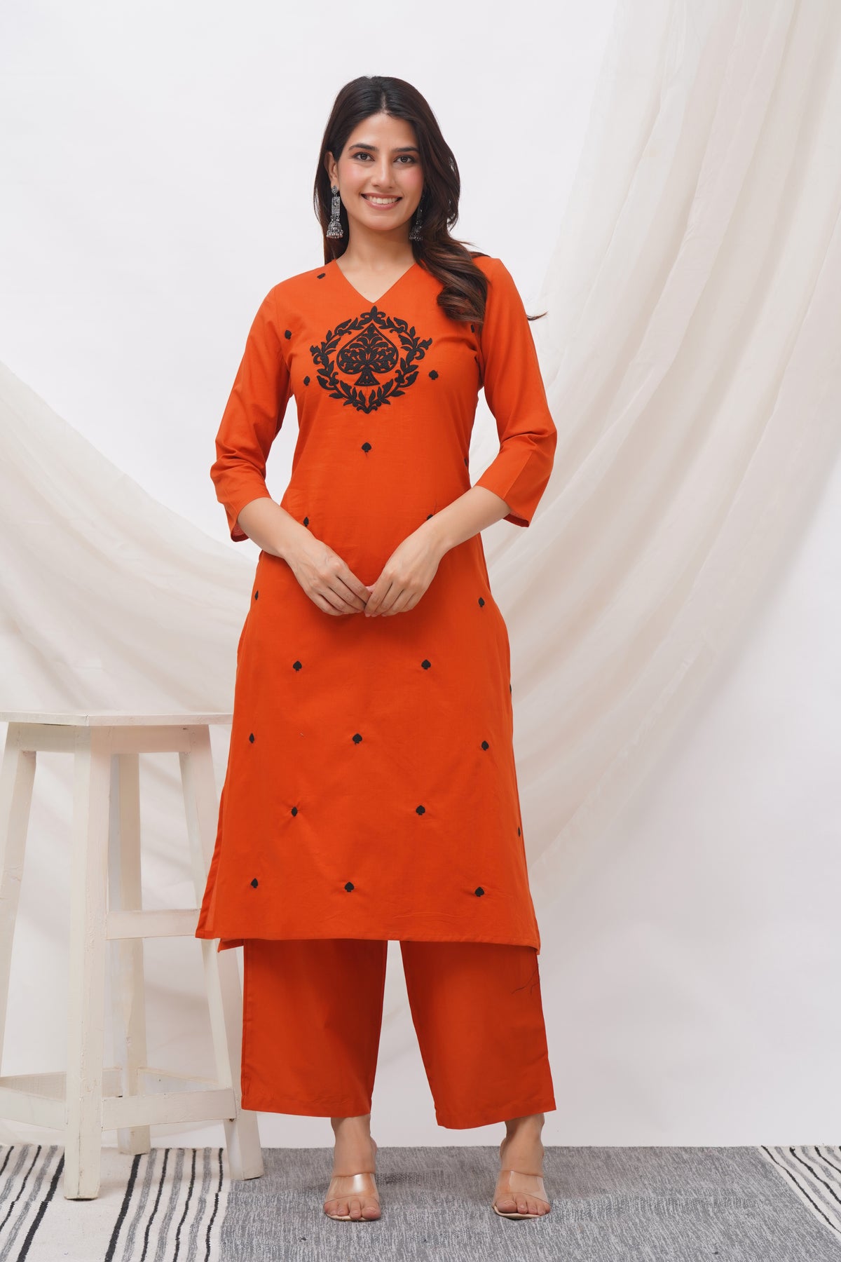 Women Orange Cotton Flex Embroidered Kurta & Pant Set