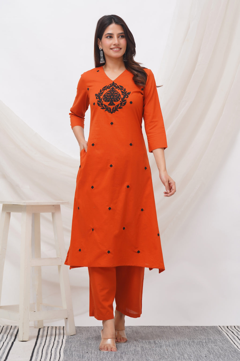 Women Orange Cotton Flex Embroidered Kurta & Pant Set