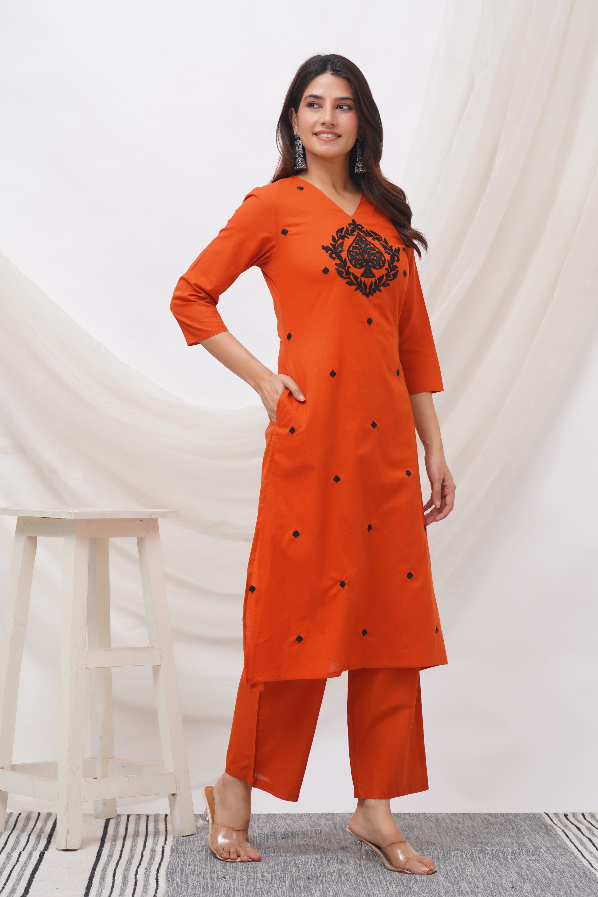 Women Orange Cotton Flex Embroidered Kurta & Pant Set