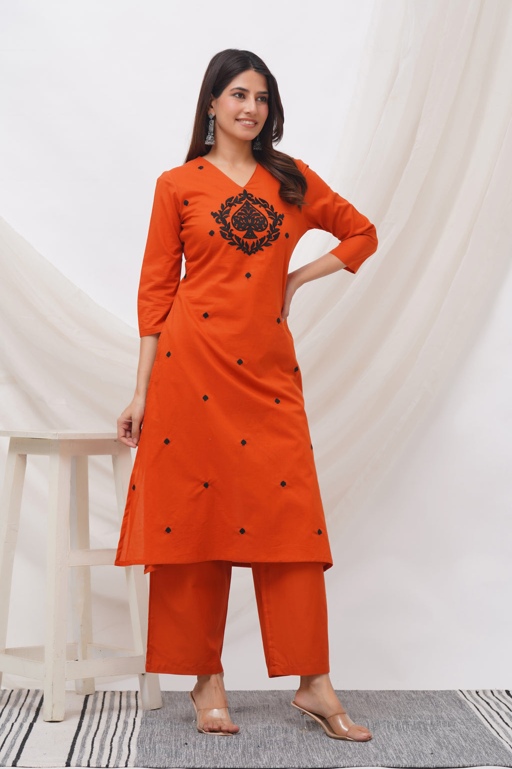 Women Orange Cotton Flex Embroidered Kurta & Pant Set
