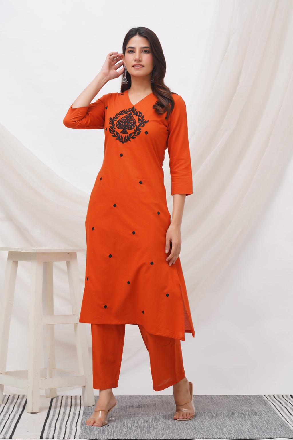 Women Orange Cotton Flex Embroidered Kurta & Pant Set