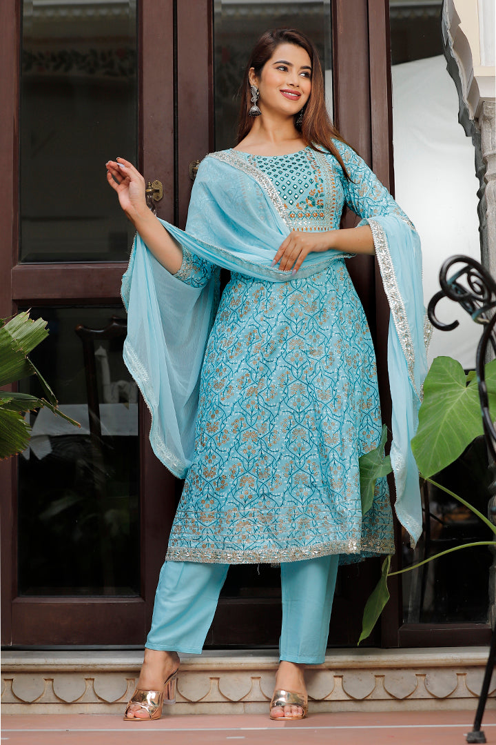 Paardini Women’s Sky Blue Embroidered Rayon Kurta Set with Chiffon Dupatta