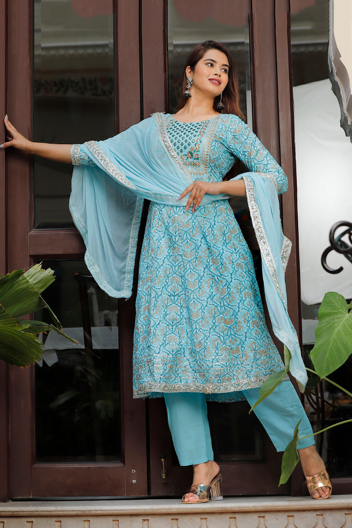 Paardini Women’s Sky Blue Embroidered Rayon Kurta Set with Chiffon Dupatta