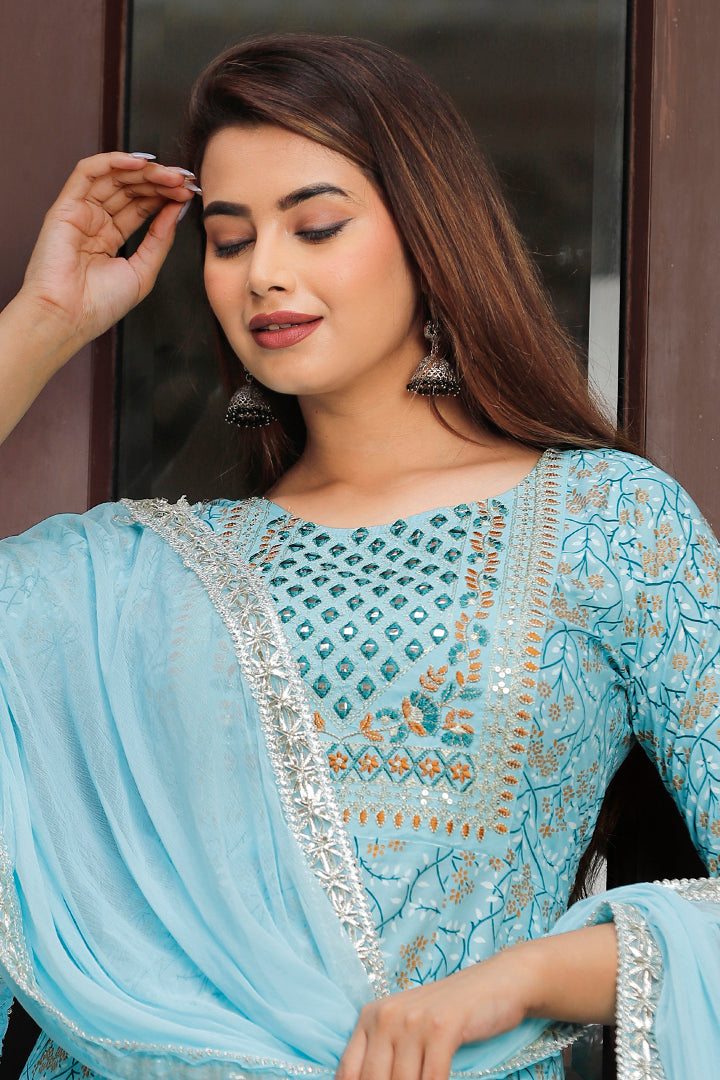 Paardini Women’s Sky Blue Embroidered Rayon Kurta Set with Chiffon Dupatta