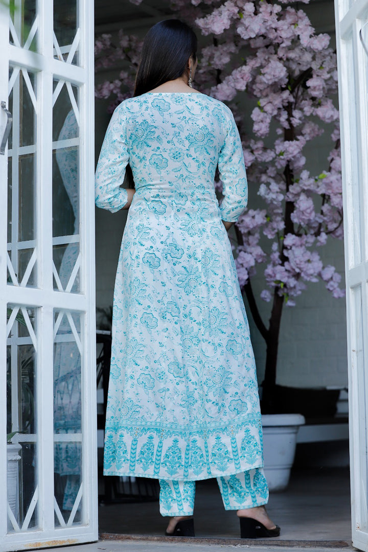 Women’s White Sky Blue Floral Embroidered Printed Rayon Kurta Pant Set with Cotton Dupatta