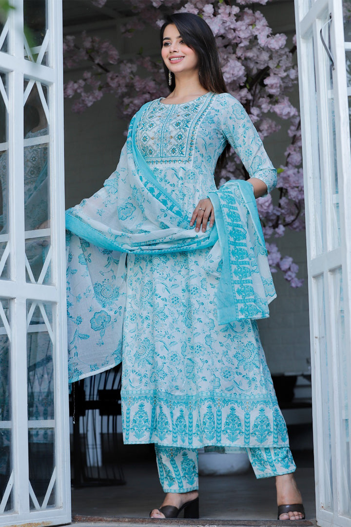Women’s White Sky Blue Floral Embroidered Printed Rayon Kurta Pant Set with Cotton Dupatta
