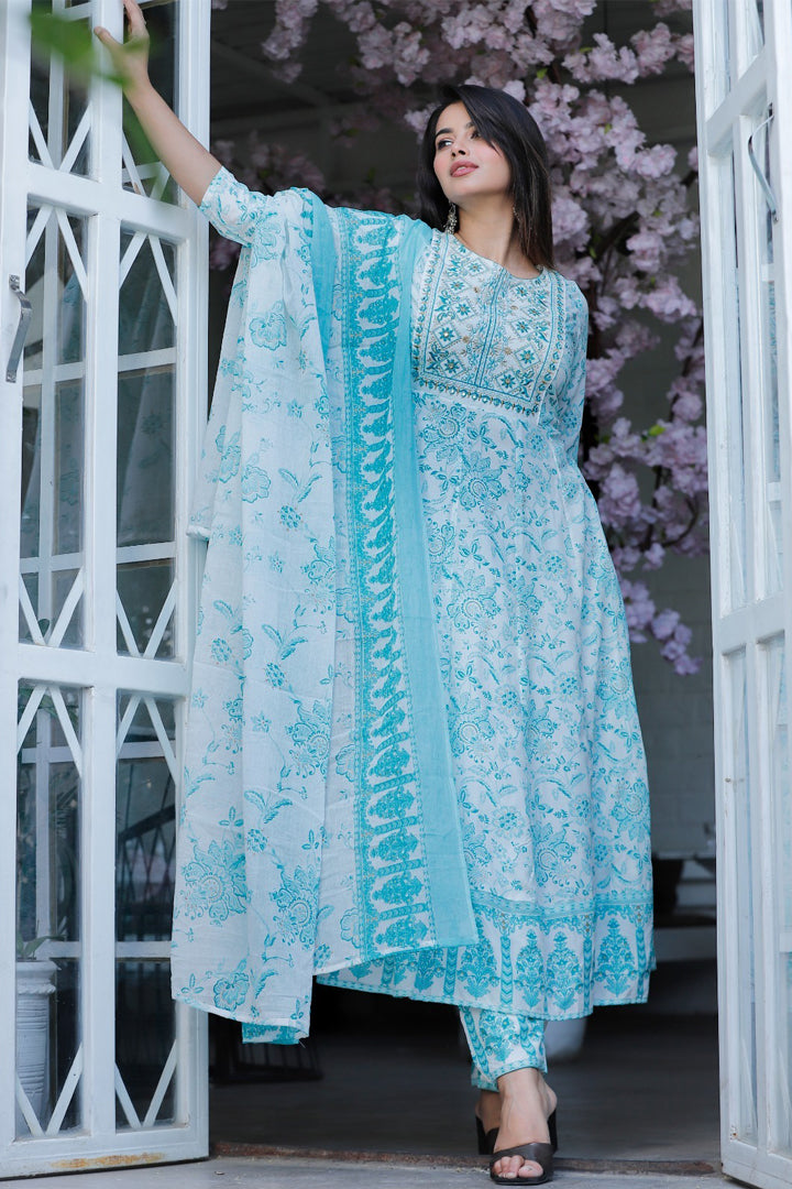 Women’s White Sky Blue Floral Embroidered Printed Rayon Kurta Pant Set with Cotton Dupatta