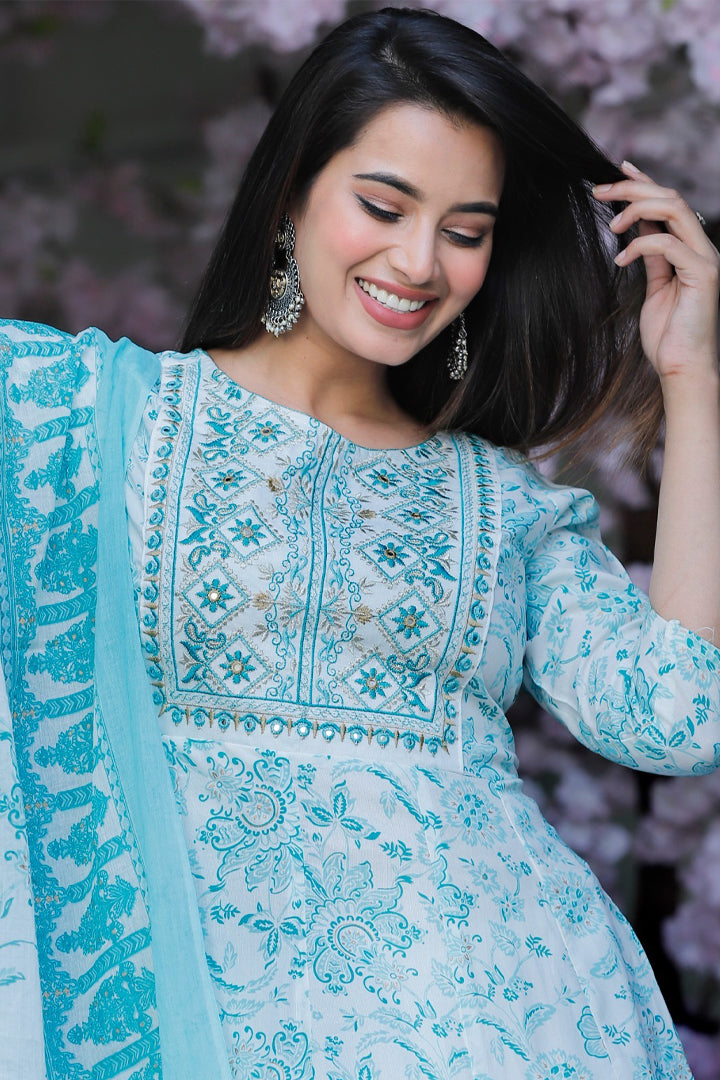 Women’s White Sky Blue Floral Embroidered Printed Rayon Kurta Pant Set with Cotton Dupatta