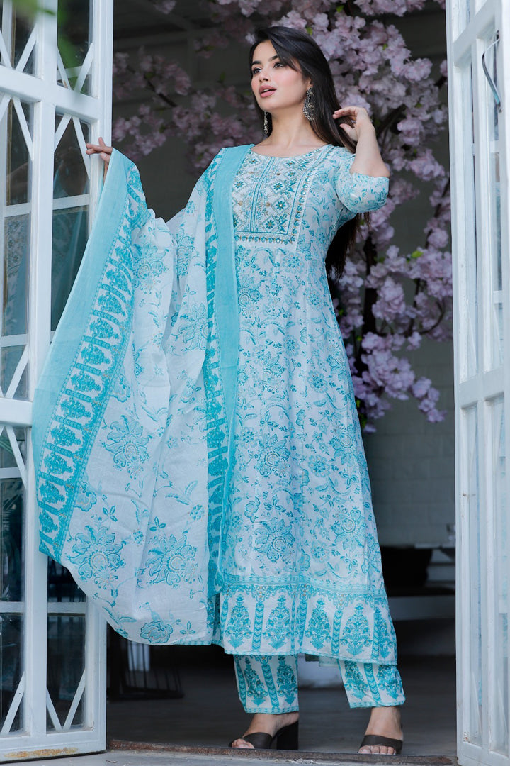 Women’s White Sky Blue Floral Embroidered Printed Rayon Kurta Pant Set with Cotton Dupatta