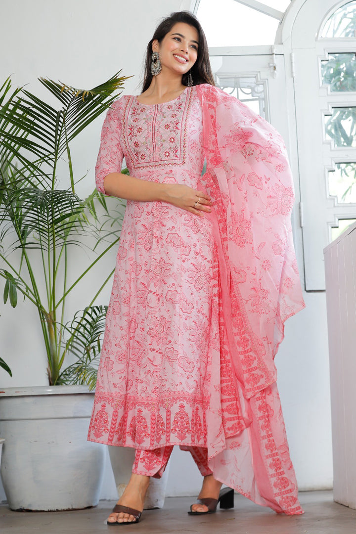 Women’s White Pink Floral Embroidered Printed Rayon Kurta Pant Set with Cotton Dupatta