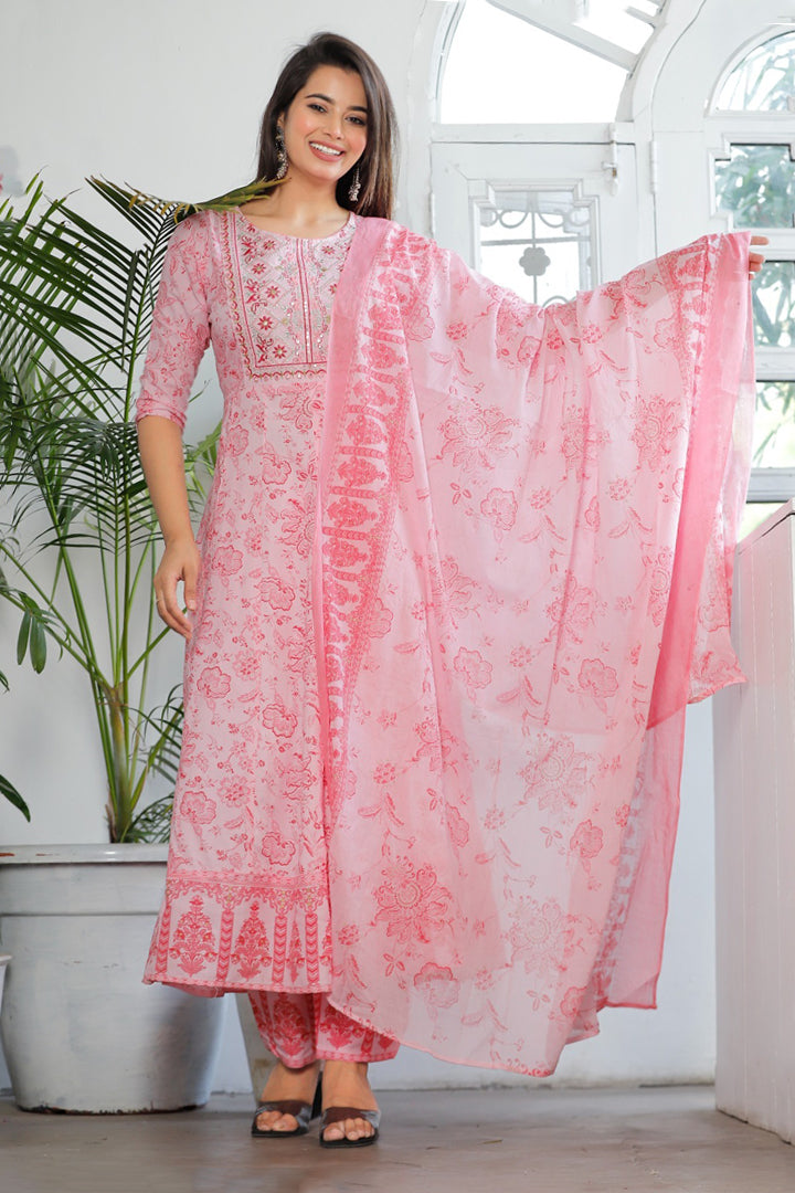 Women’s White Pink Floral Embroidered Printed Rayon Kurta Pant Set with Cotton Dupatta