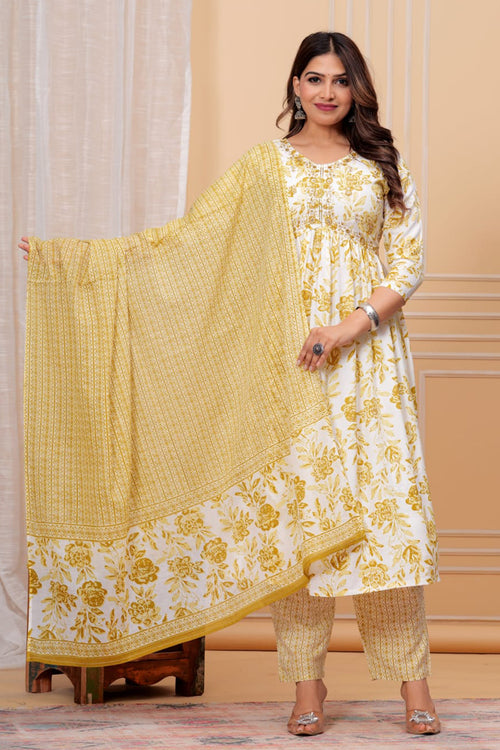 Aliya Cut Paardini Women’s Mustard Yellow Floral Rayon Kurta Set with Cotton Dupatta