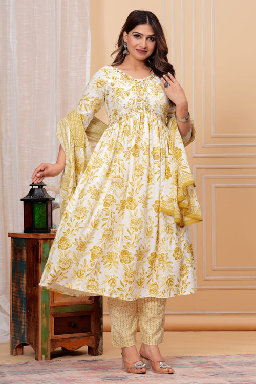 Aliya Cut Paardini Women’s Mustard Yellow Floral Rayon Kurta Set with Cotton Dupatta