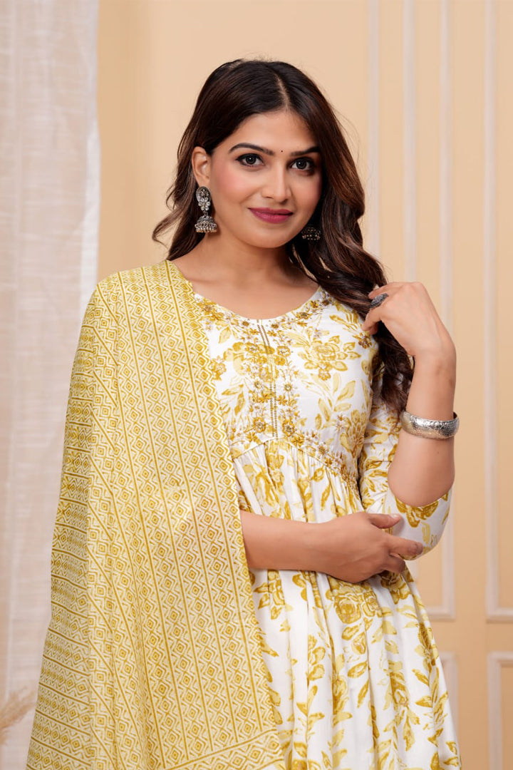 Aliya Cut Paardini Women’s Mustard Yellow Floral Rayon Kurta Set with Cotton Dupatta