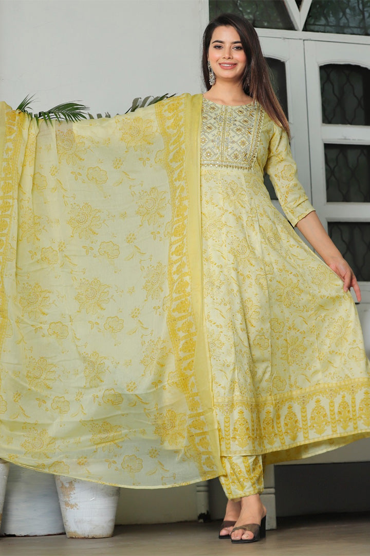 Women’s White Yellow Floral Printed Rayon Kurta Pant Set with Cotton Dupatta
