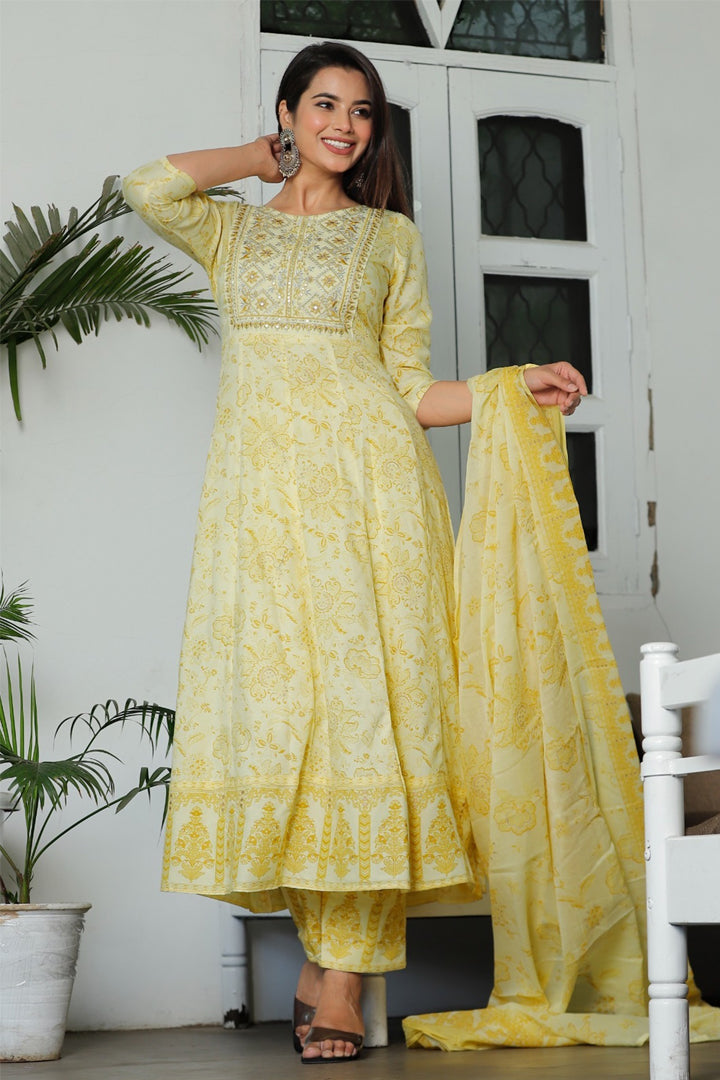 Women’s White Yellow Floral Printed Rayon Kurta Pant Set with Cotton Dupatta
